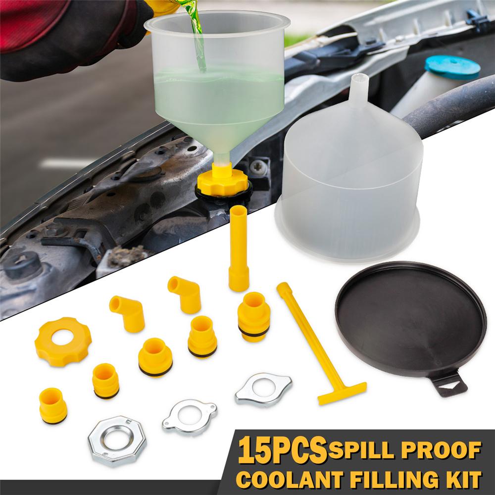 15-Piece Car Radiator Coolant Funnel Kit Spill-Free Funnel Cooling System Funnel Tool with Multiple Caps and Cap Adapters