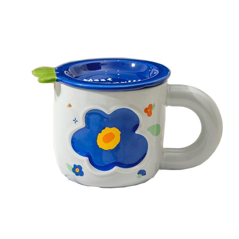 Cốc Sứ Hoa Cúc Có Nắp Tặng Kèm Thìa Bông Hoa Thích Hợp Cafe Văn Phòng, Tặng Quà