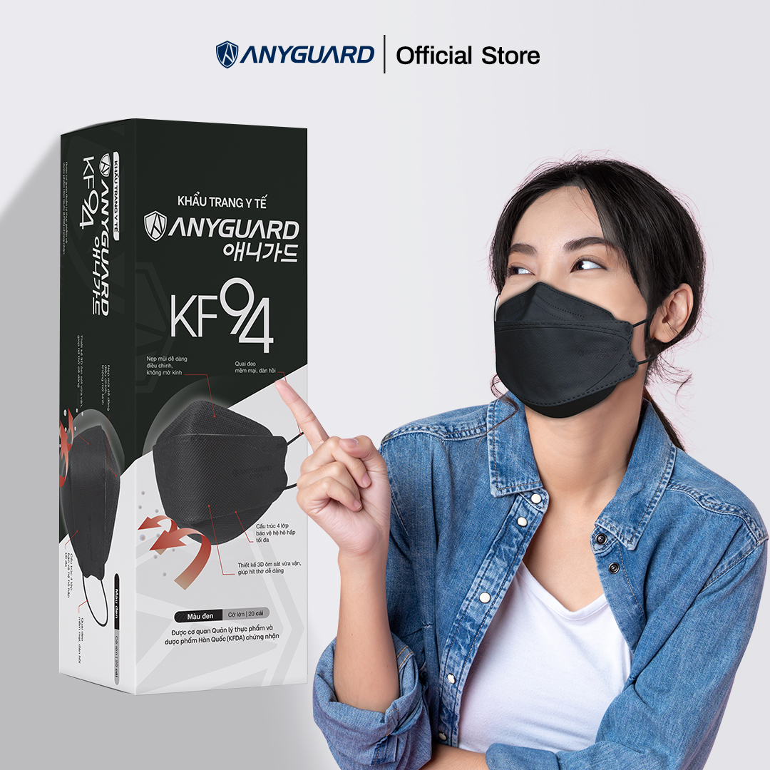 Hộp Khẩu Trang Y Tế Anyguard KF94 Màu Đen - Lọc Bụi Mịn và PM2.5, Ngăn 99% Vi Khuẩn, An Toàn Cho Da Nhạy Cảm (Hộp 20 Chiếc), Dành Cho Người Lớn