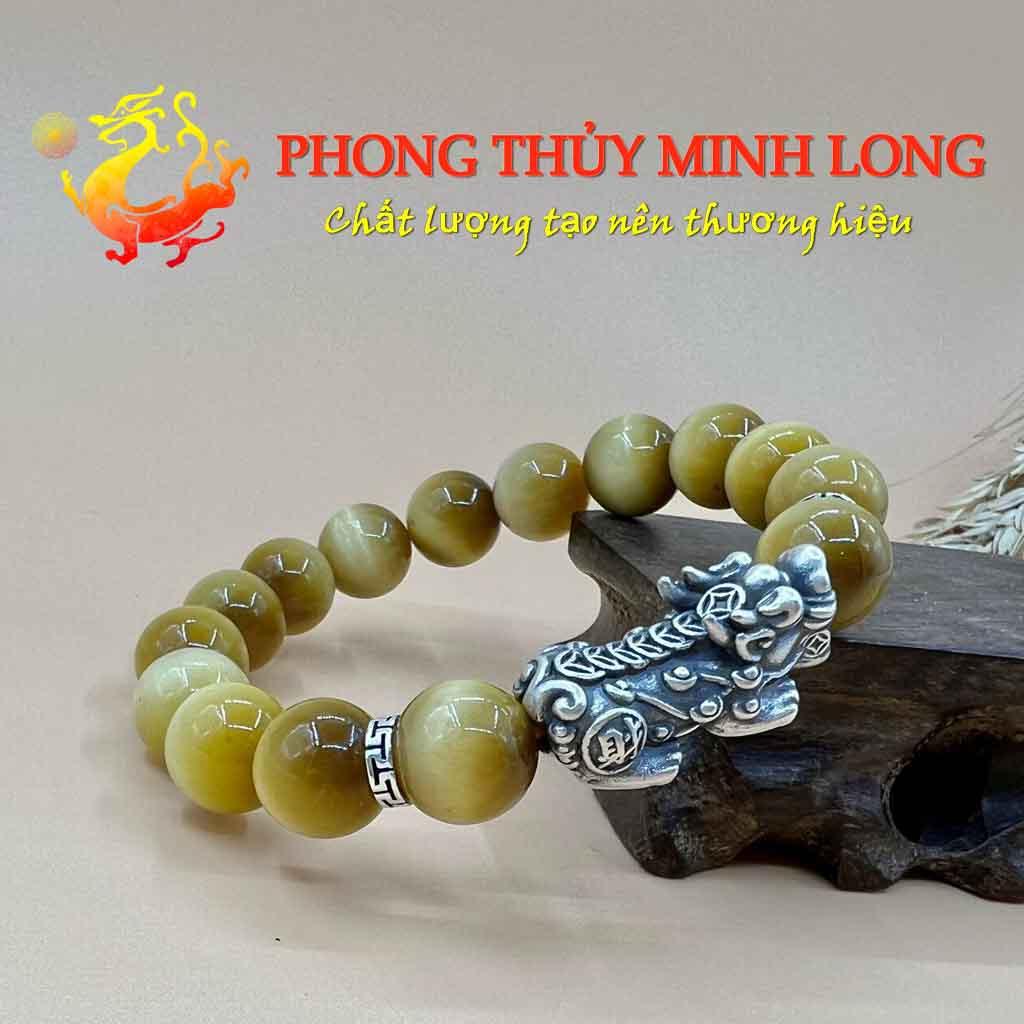 Vòng đá mắt hổ Vàng Tâm chất lượng 5A mix Tỳ Hưu bạc Thái hợp mệnh Thổ và Kim