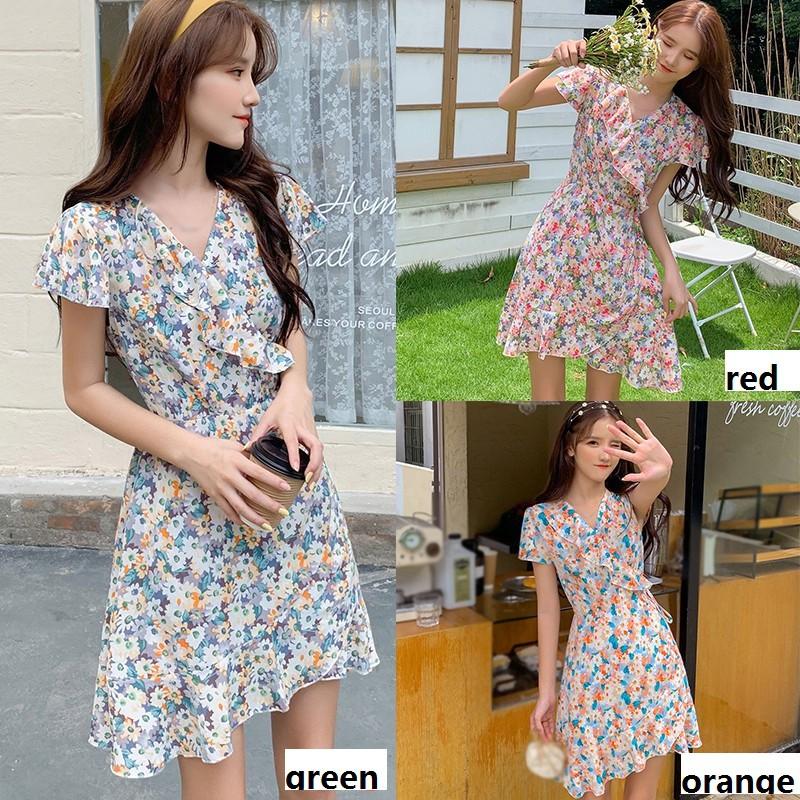 Đầm Nữ Ngắn Tay Cổ Chữ V In Hoa Thời Trang