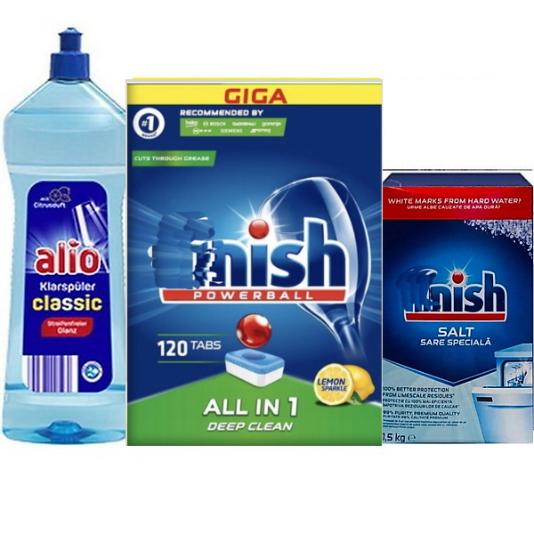 Combo viên rửa chén finish 120 viên + muối finish 1.5kg + Nước làm bóng alio 1 lít dùng cho máy rửa bát