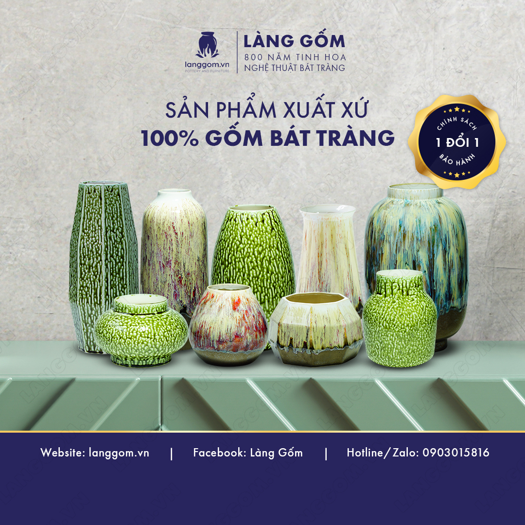 Bình hoa, lọ hoa Gốm sứ Bát Tràng cao cấp Men chảy múi đều miệng xòe dùng làm quà tặng, trang trí - Làng Gốm Bát Tràng