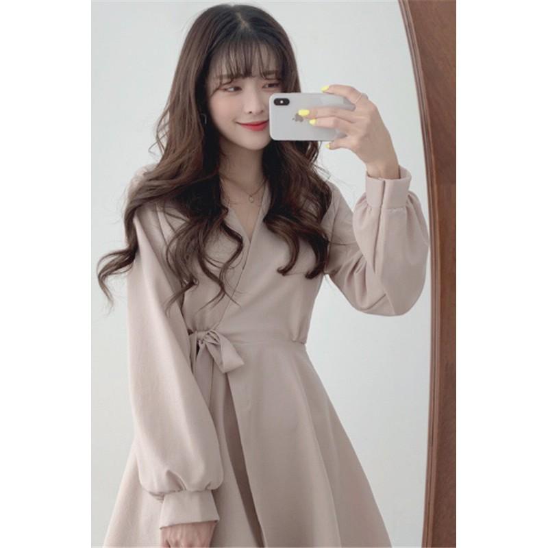 Đầm Nữ Xinh Dài Tay Cổ V Thắt Nơ Tôn Dáng