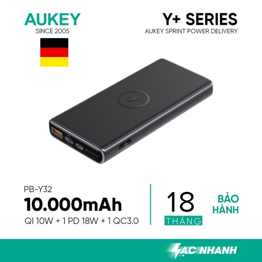 Pin Sạc Dự Phòng Kiêm Sạc Không Dây Chuẩn Qi 10W AUKEY PB-Y32 10.000mAh - Sạc Nhanh Power Delivery 18W, Quick Charge 3.0 18W - Hàng Chính Hãng