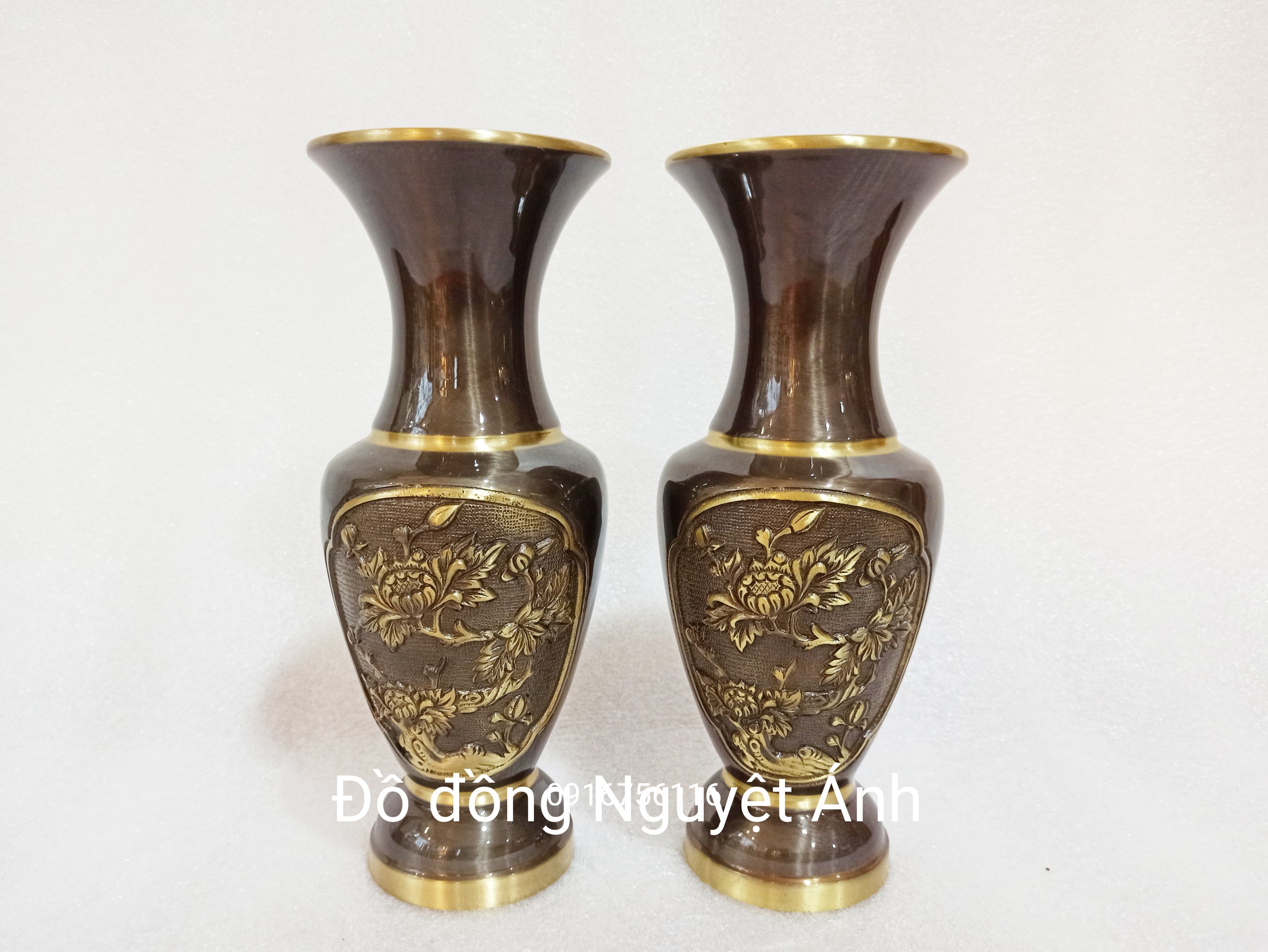 Lọ hoa đồng, bình bông 26cm, lục bình mai điểu trường xuân, lục bình đồng thau