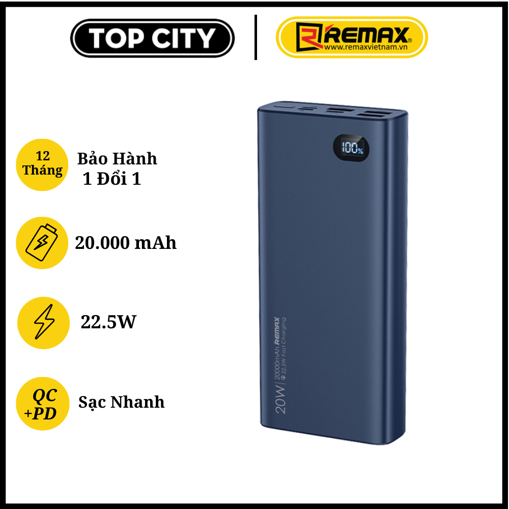 Pin sạc dự phòng 20000mAh 22.5W - Chính Hãng Remax . hỗ trợ sạc nhanh 18w, 20w và 22.5w - Remax RPP-292