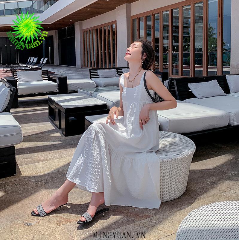 Đầm Dây Nữ Cộc Tay Eo Thả Xếp Ly Thời Trang Hàn