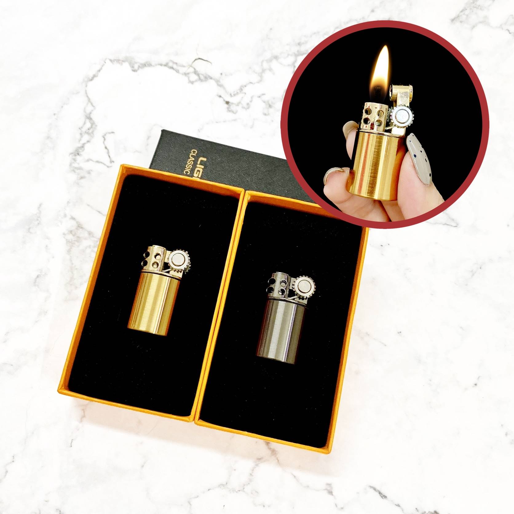 Hộp quẹt bật lửa xăng đá cổ hình trụ mini lùn kim loại -