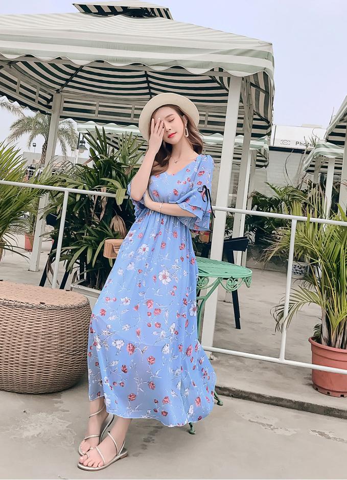 Đầm voan dài dáng xòe thướt tha, cổ tim tay lỡ điệu đà, maxi đi biển cao cấp mẫu mới nhất | MX020