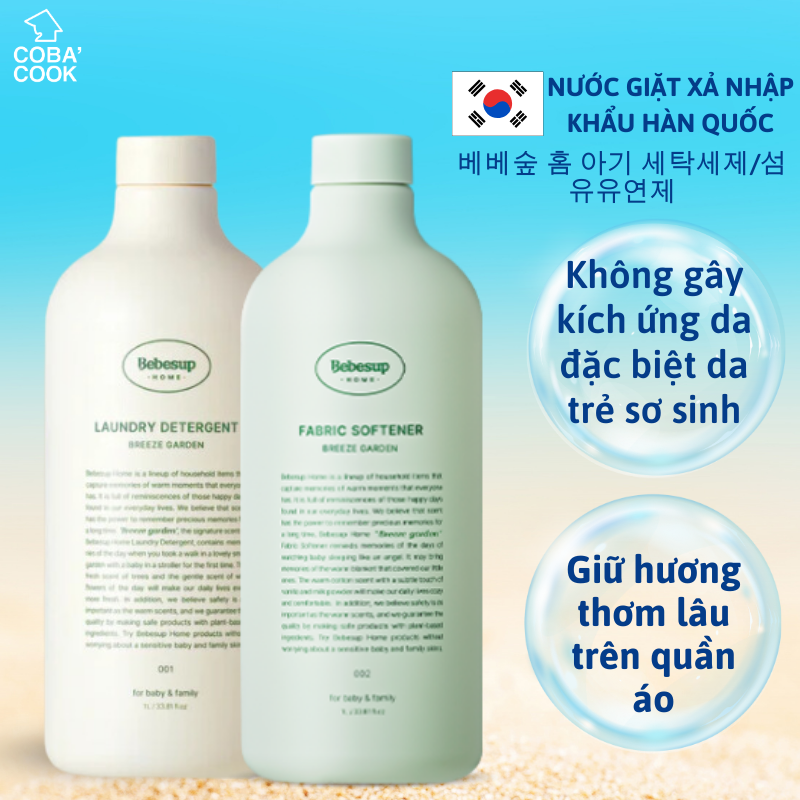 Combo Nước Giặt Xả Quần Áo Không Gây Kích Ứng Da Nhập Khẩu Hàn Quốc Bebesup