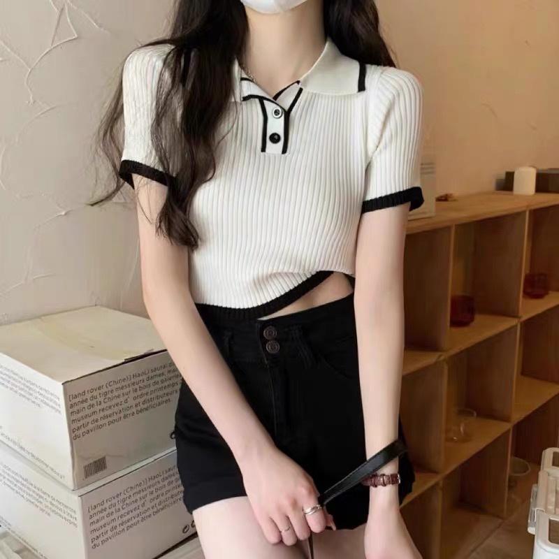 Áo polo croptop kiểu len gân nữ tay ngắn dáng ôm body cổ bẻ dệt kim thời trang phong cách Hàn Quốc trẻ trung