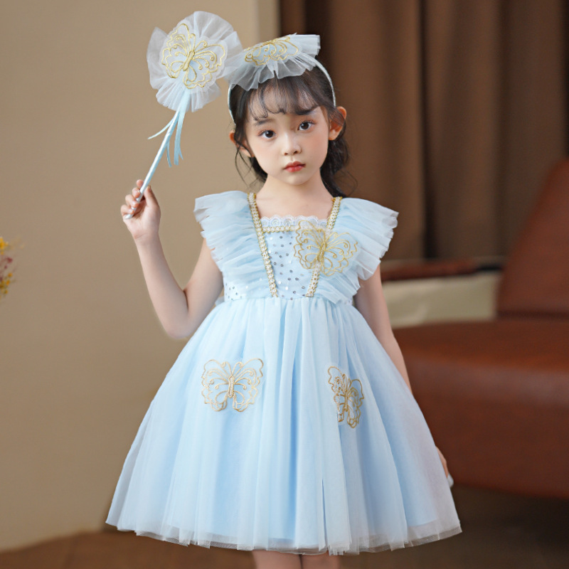 Đầm voan công chúa cho bé gái màu hồng xanh dự tiệc múa hóa trang đẹp size 12-35kg hàng Quảng Châu cao cấp kèm cài tóc