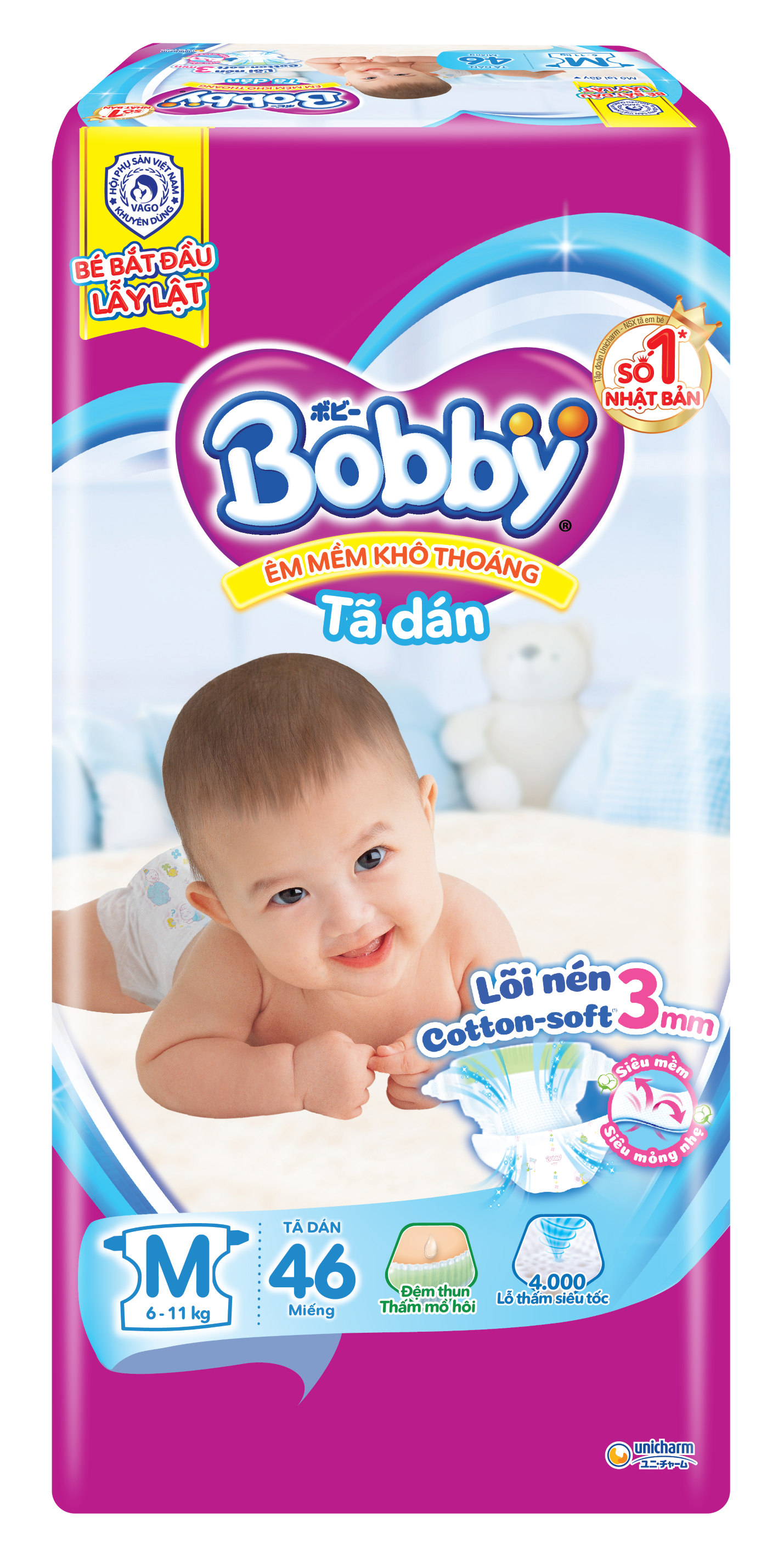 Tã/Bỉm Dán Bobby Êm Mềm – Khô Thoáng Jumpo M46 - Lõi Nén Thần Kỳ 3mm (6 - 11 kg)