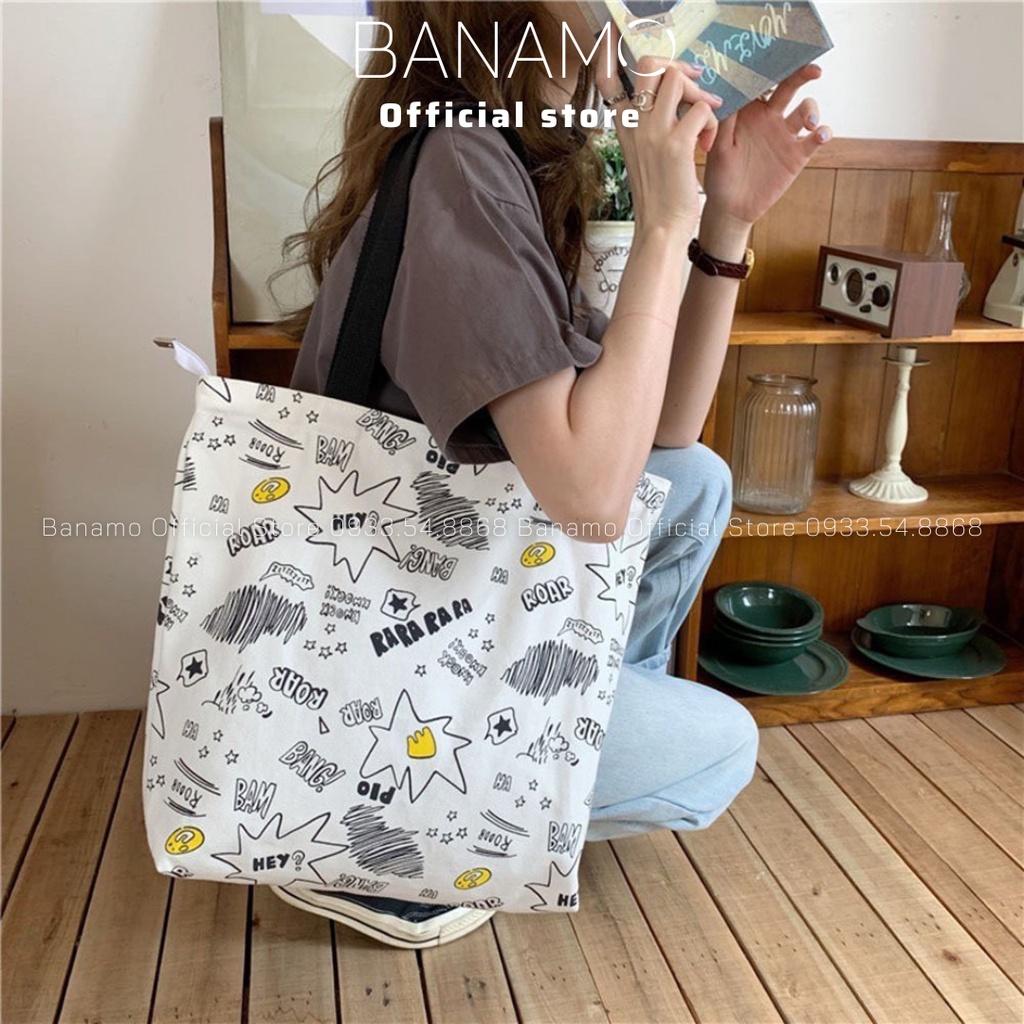 Túi vải tote canvas đeo vai phong cách Hàn quốc có khóa miệng ngăn phụ bên trong thời trang Banamo Fashion túi 01