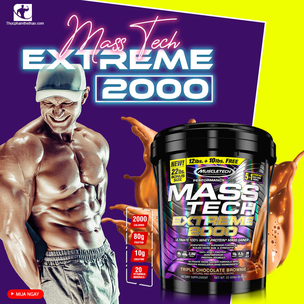 Sữa tăng cân tăng cơ Mass Tech Extreme 2000 22lbs (~10kg) – Hỗ trợ Tăng Cân Nhanh + Tăng Sức Mạnh từ nguồn dinh dưỡng đầy đủ như 1 bữa ăn - Hàng nhập khẩu chính hãng - Thương hiệu Muscletech - Kèm quà tặng