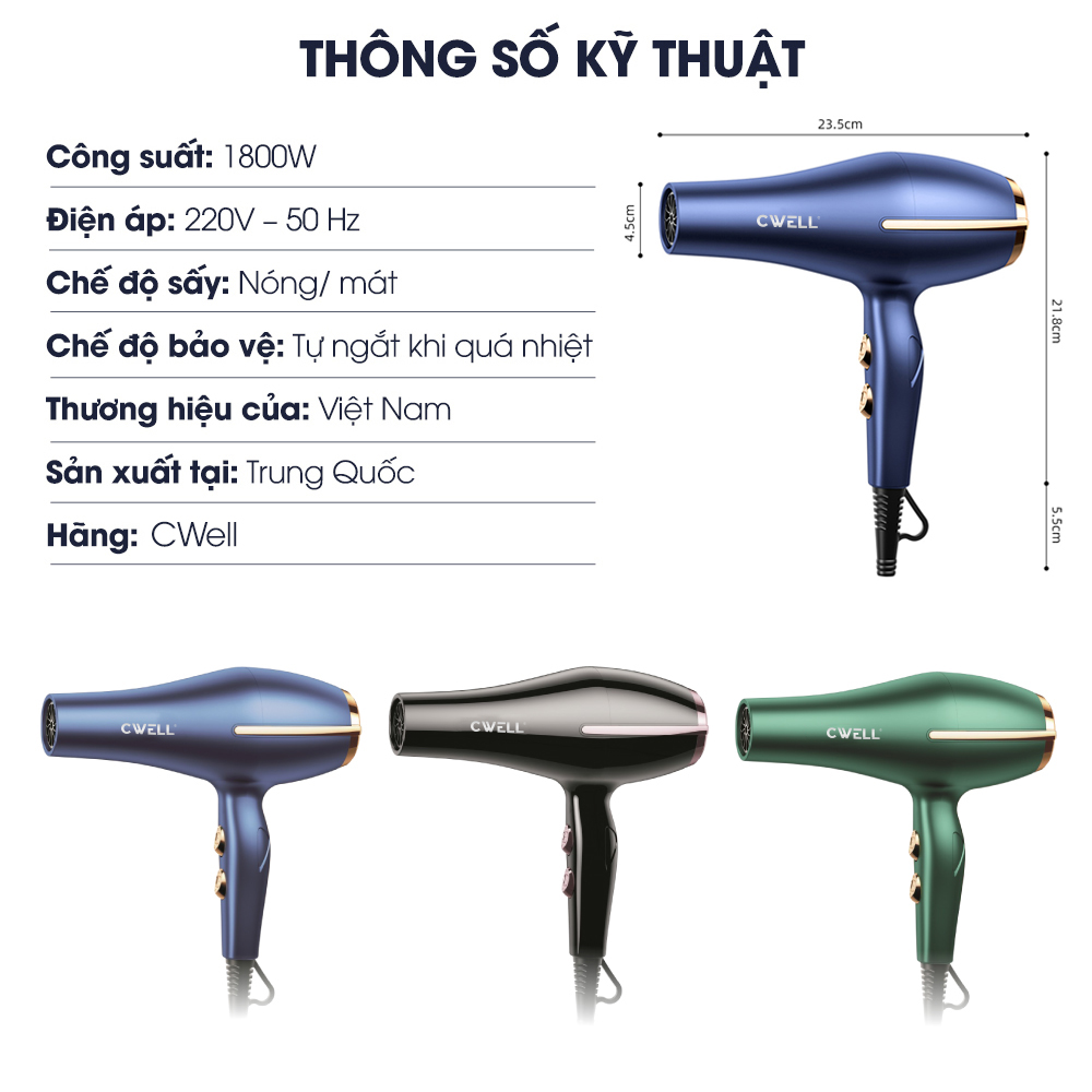 Máy sấy tóc mini CWell, máy sấy tóc công suất lớn 1800W tạo kiểu tóc chuyên nghiệp 2 chiều nóng lạnh C03HD