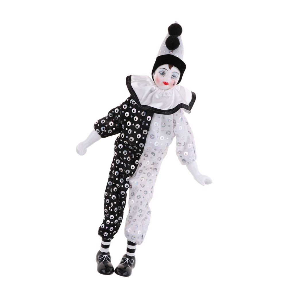 38cm Vintage Porcelain Clown Doll, Hand Painted Harlequin Doll Home Office Display Decoration