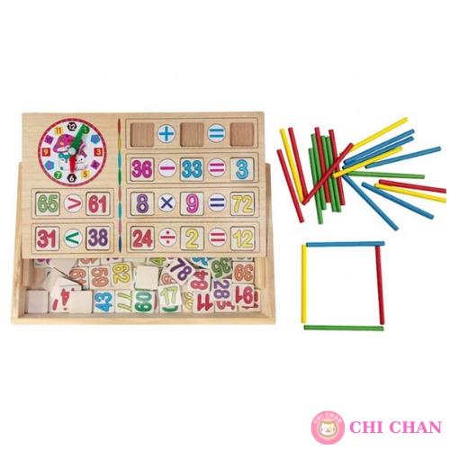 Đồ chơi gỗ kết hợp toán học có đồng hồ, que tính, bảng đen, số, phấn, lau bảng, cho bé từ 4 tuổi, đồ chơi giáo dục