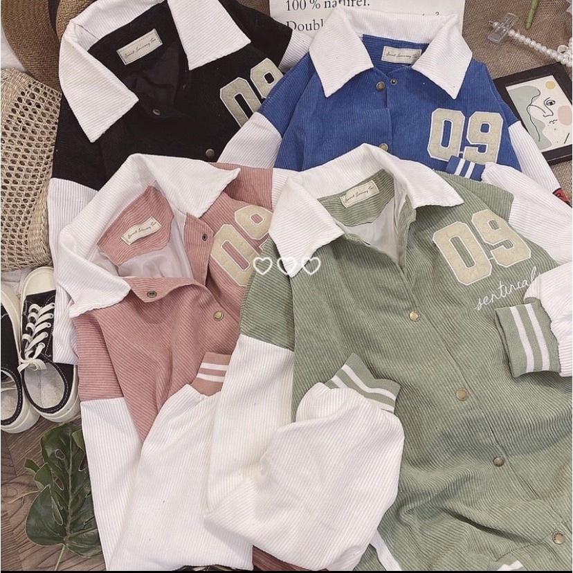 Áo Khoác Nhung Nữ Cổ Bẻ 2 Lớp Lót Dù Logo Thêu Số 09 Kiểu BOMBER Độc Lạ Hot Trend Mới