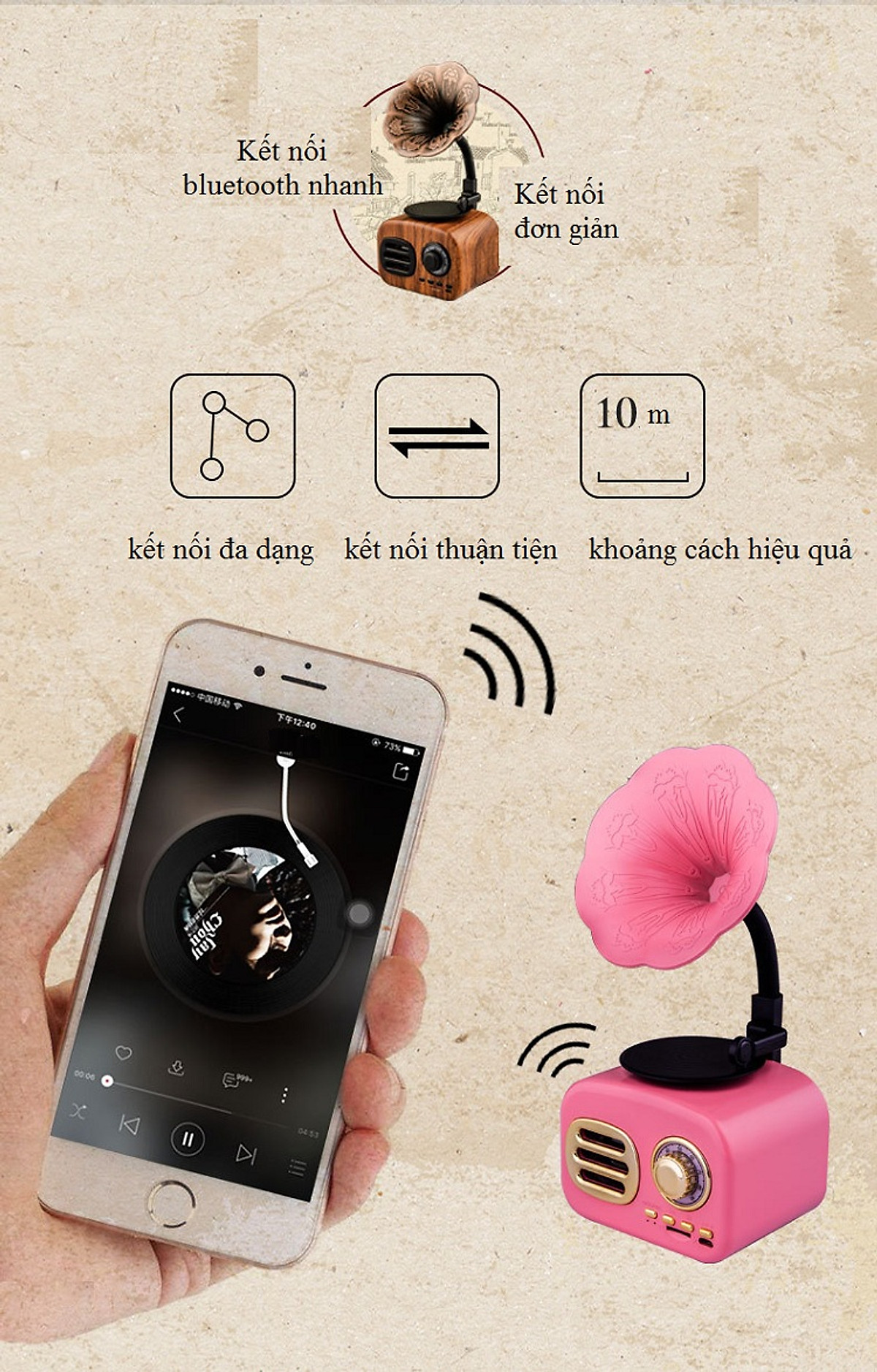 Loa Bluetooth Thiết Kế Hình Đĩa Than Cổ Và Hoa Loa Kèn Classic FT-5