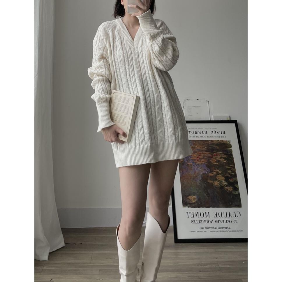 Áo len vặn thừng suông dài dày mịn ấm áp
