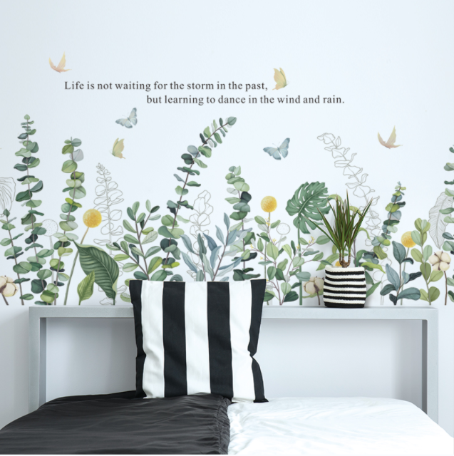 Decal trang trí tường - Chân tường bụi cây xanh và đàn bướm