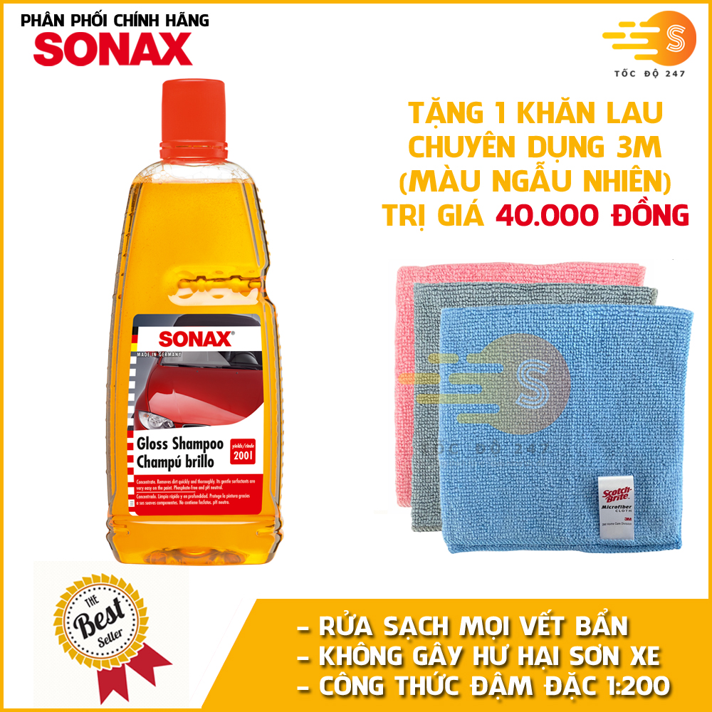 Xà bông rửa xe đậm đặc 1:200 siêu sạch bóng Sonax 314300 1lit - tặng 1 khăn 3M màu ngẫu nhiên - bảo vệ sơn xe, làm sạch nhanh toàn diện, an toàn cho da tay