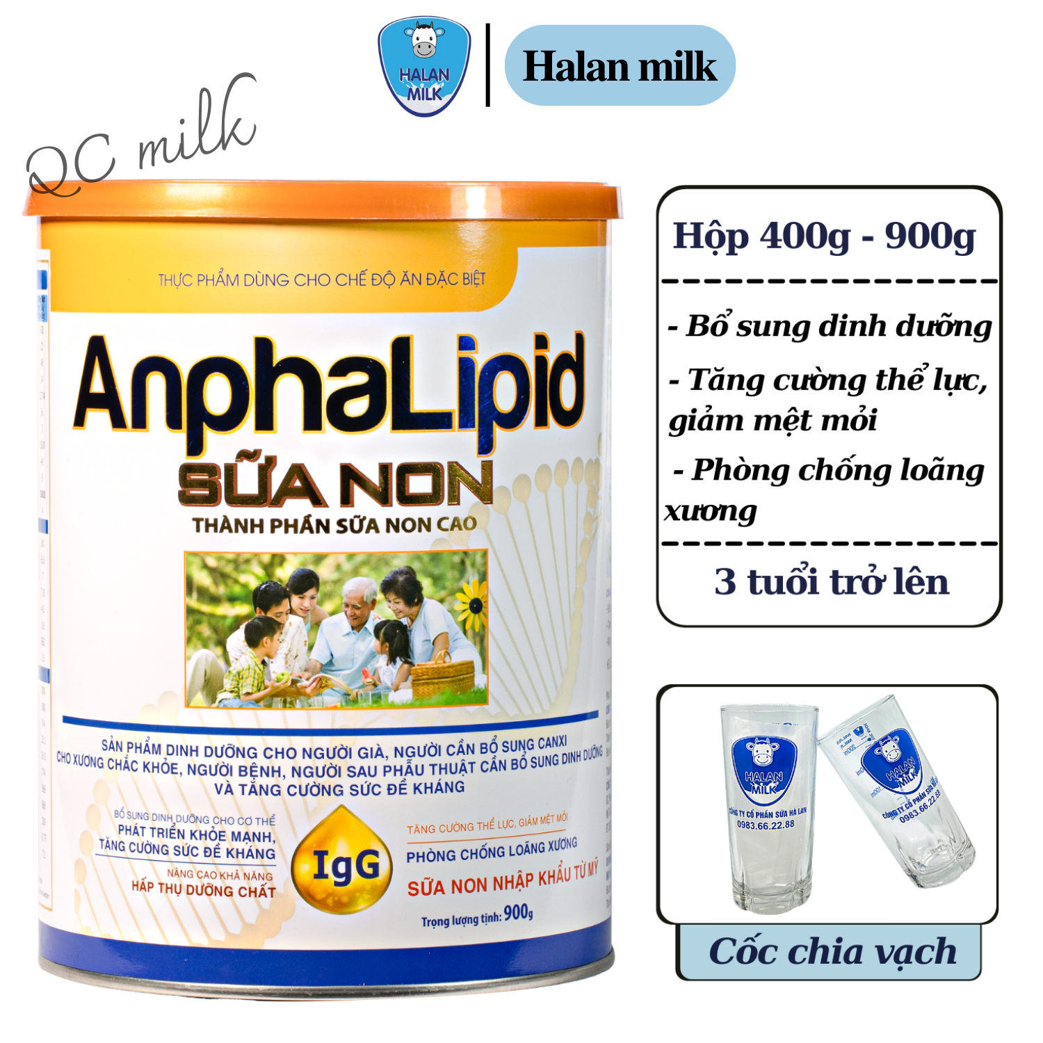 Sữa bột Anphalipid sữa non 400g-900g halan milk - Bổ sung dinh dưỡng,canxi, sức đề kháng, Halanmilk