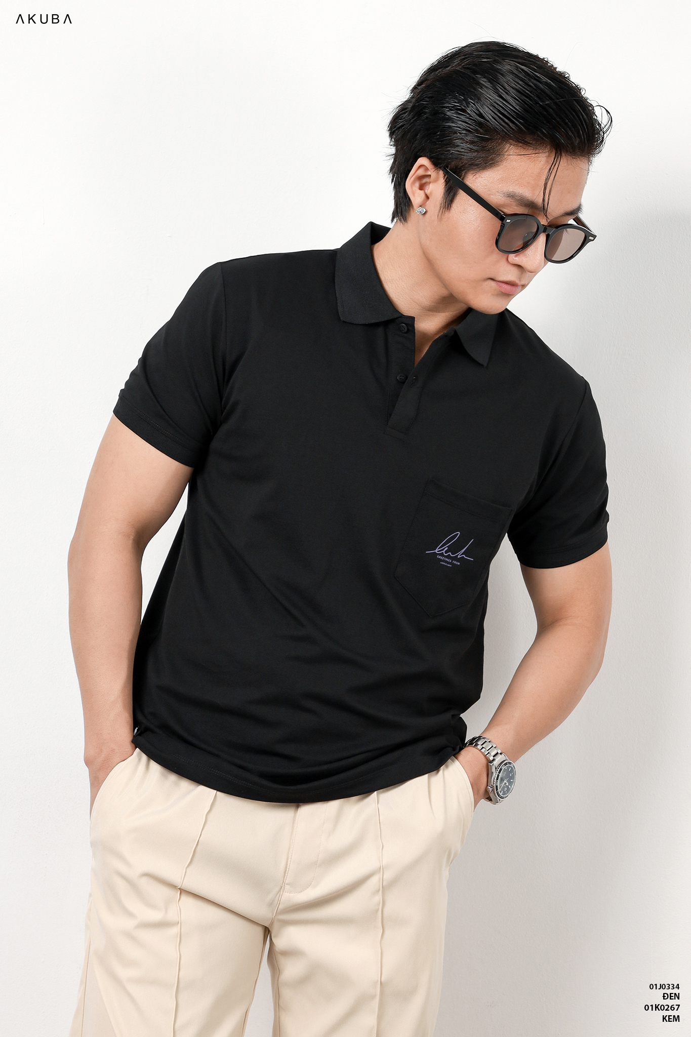 Áo thun Polo nam in chữ cổ bẻ AKUBA form slimfit | 01J0334