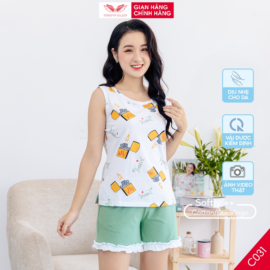 Đồ Bộ Nữ Pijama Mặc Nhà VINGO Chất Cotton Thoáng Mát Áo Ba Lỗ Sát Nách Quần Cộc Viền Bèo C031 VNGO