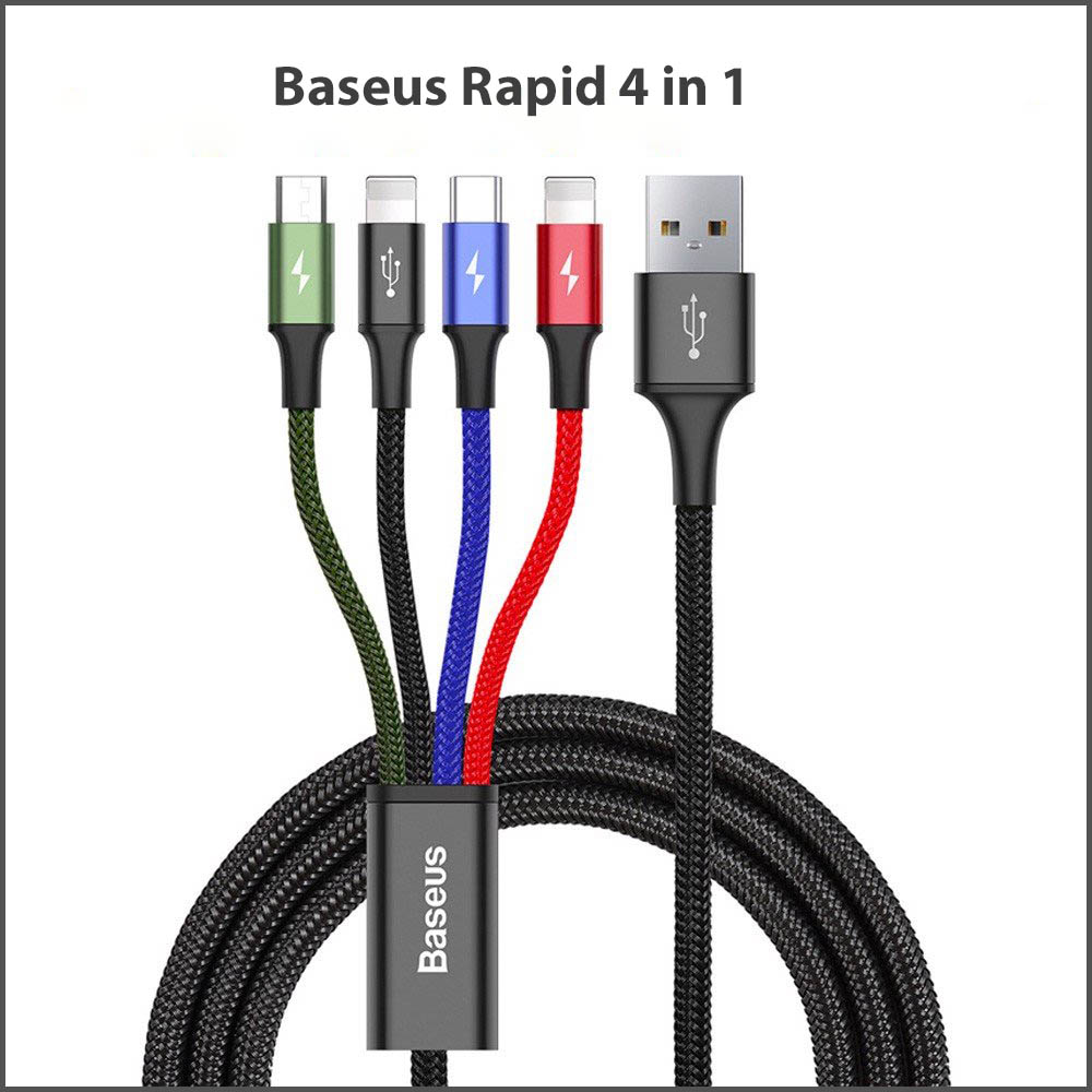 Dây Cáp Sạc Nhanh Đa Năng 4 in 1 Baseus rapid series 4 in 1 (3.5A, 1.2M, Fast charge 4 in 1 Cable) - 2 đầu dùng cho iPhone - 1 đầu TypeC - 1 đầu micro usb - Hàng Chính Hãng