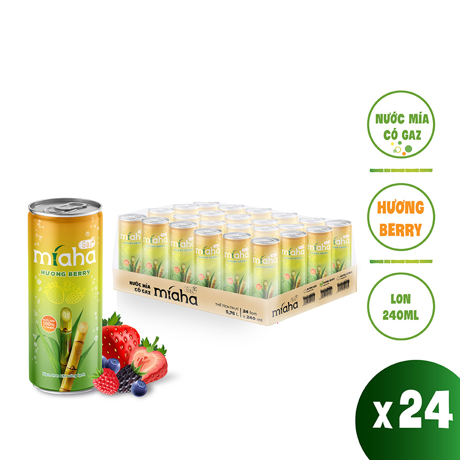 Thùng 24 lon Nước Mía có Gaz MiahaGaz vị Berry 240ml/lon