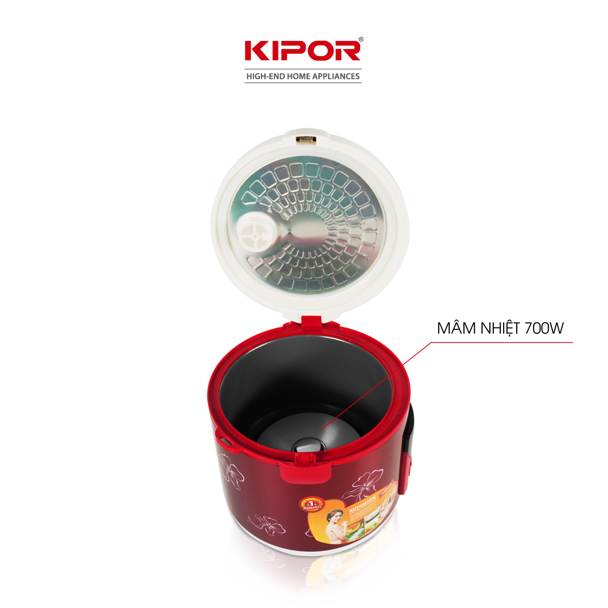 Nồi cơm điện KIPOR KP-25918 - 1.8L - Phủ chống dính HOÀNG KIM, Nồi cơm có tặng kèm vỉ hấp - phù hợp 4-6 người ăn - Hàng chính hãng