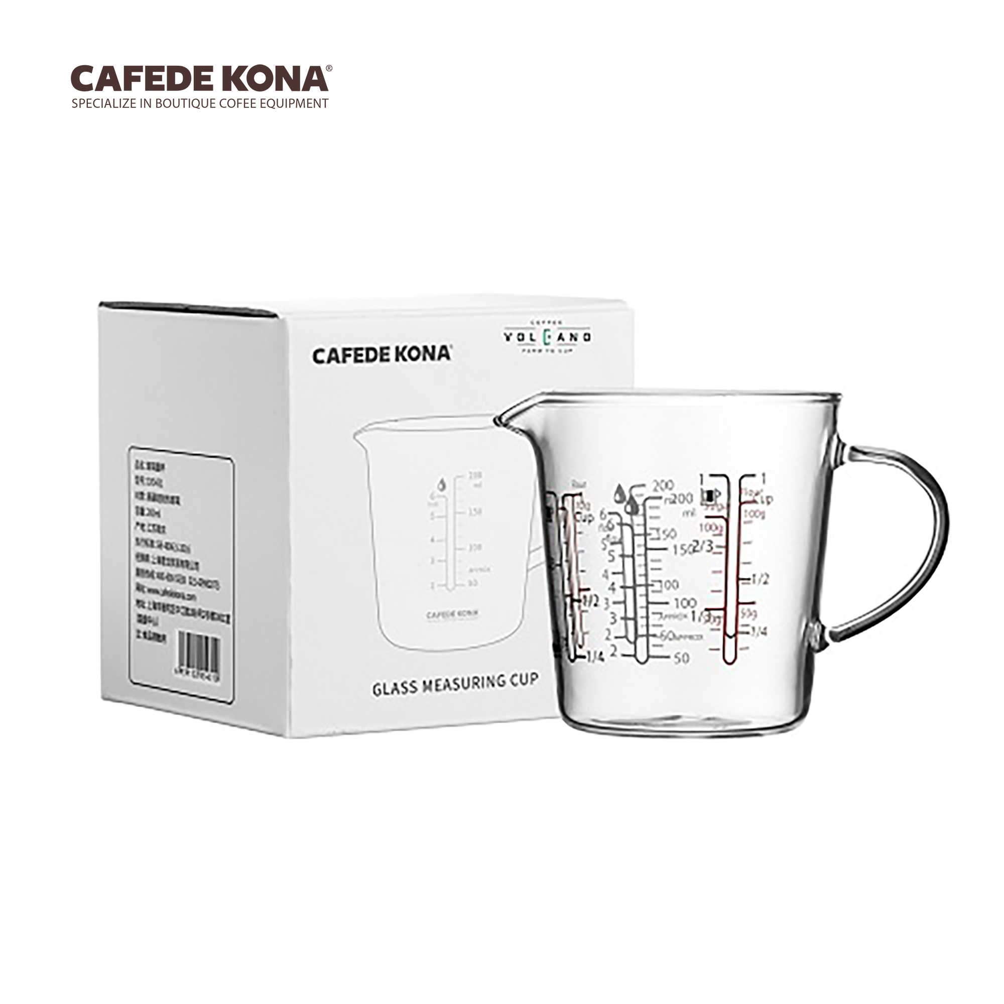 Ca ly thủy tinh có vạch đong pha chê 200ml Cafede Kona