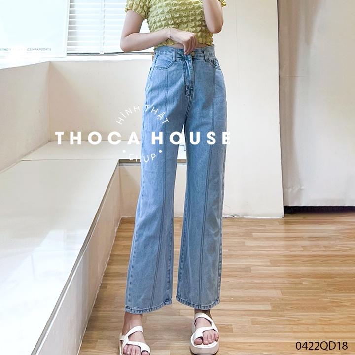 Quần jeans nữ ống rộng lai viền chỉ 5021 THOCA HOUSE kiểu cách mặc đi học, công sở cực xinh