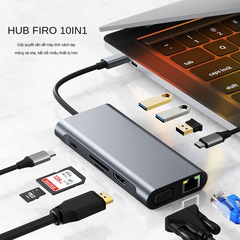 Hub Type-C To HDMI FIRO 10in1 Chuẩn HDTV - Hub Chuyển Đổi Type-C Chia 10 Cổng - 1 Cổng HDMI 4K, 3 Cổng USB 3.0, 2 Khe Đọc Thẻ TF/SD, 2 Cổng Type-C/PD, 1 Cổng VGA, 1 Cổng Mạng Lan - Kết Nối Tốc Độ Cao - Dùng Cho Smartphone/Laptop/PC/Tivi – Hàng Chính Hãng