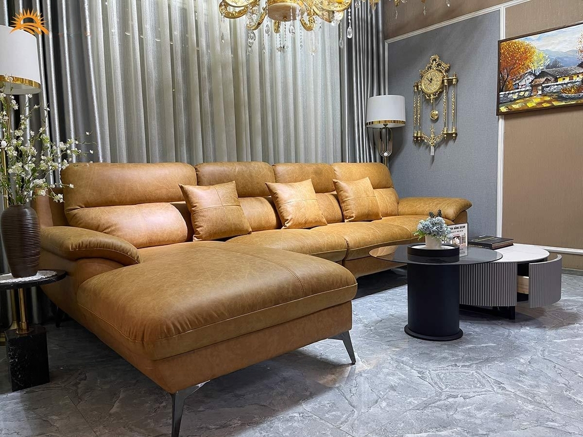 Sofa góc L da bò Italy Juno sofa màu vàng SFLCT01 3m3 x 1m6 hàng cao cấp chuẩn da bò nhập khẩu Ý