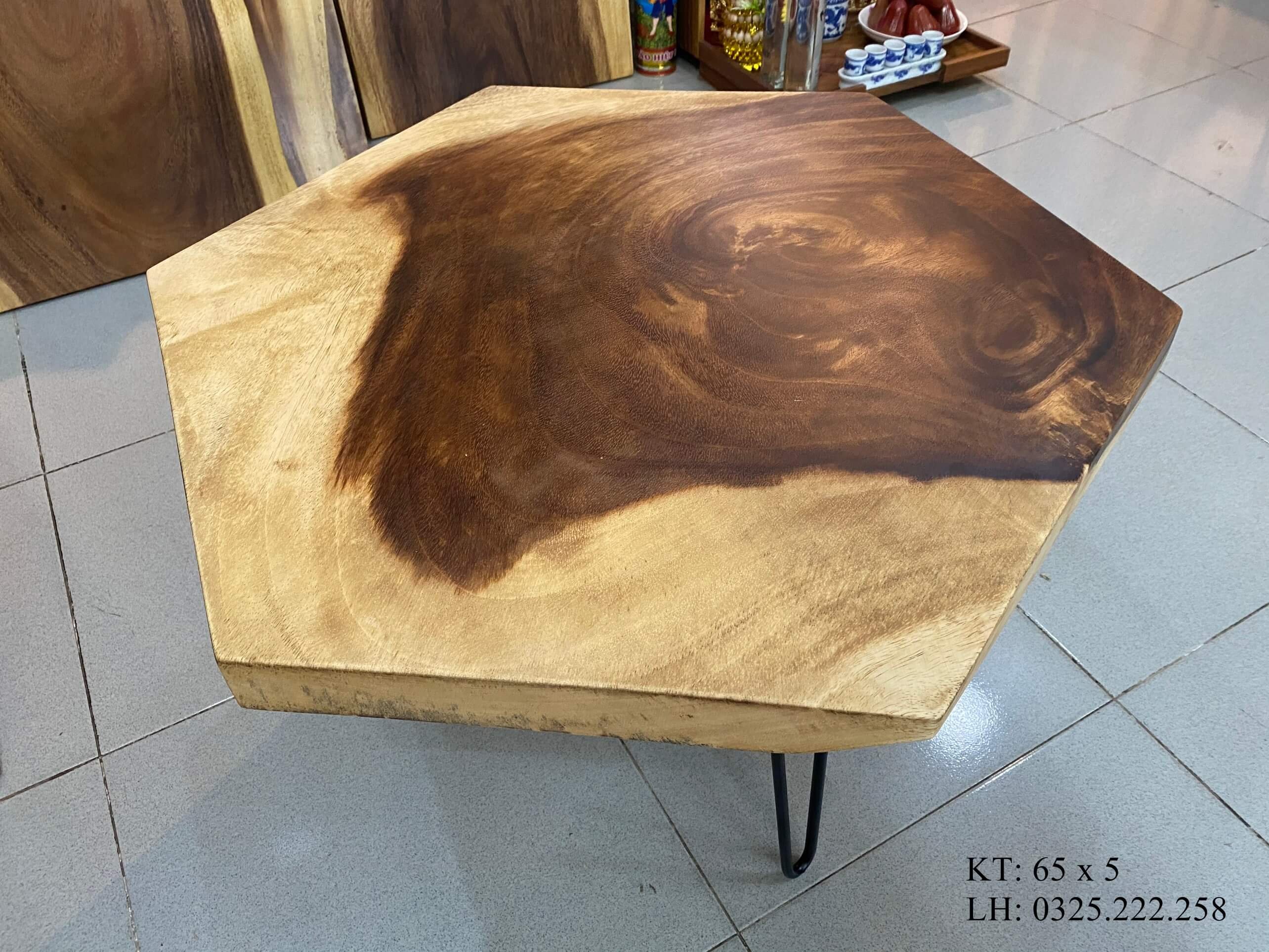 Bàn Sofa Lục Giác, Bàn Sofa Gỗ Me Tây, Bàn Ngồi Bệt Gỗ Tự Nhiên, Bàn Phòng Khách Hiện Đại, Bàn Trà Gỗ Rộng 65cm Dày 5cm
