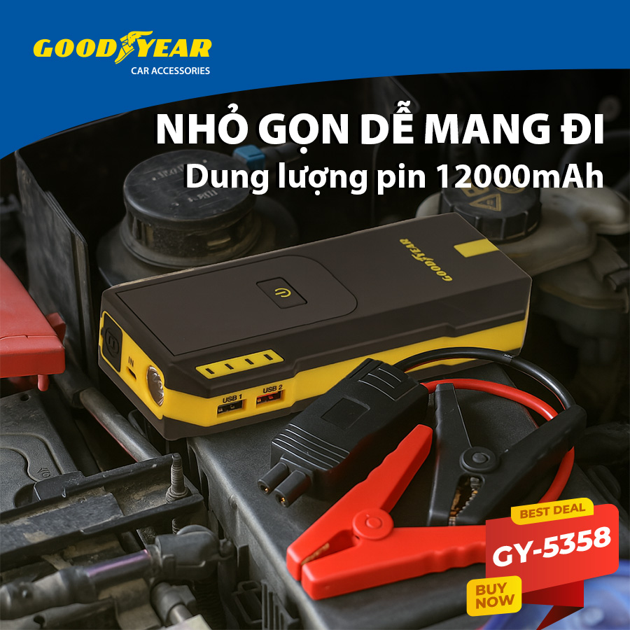 Bộ Kích Bình Cho Xe Hơi 670A GOODYEAR GY-5358 Đa Chức Năng Sạc Dự Phòng 12000mAh Đèn LED Khẩn Cấp - Hàng Nhập Khẩu