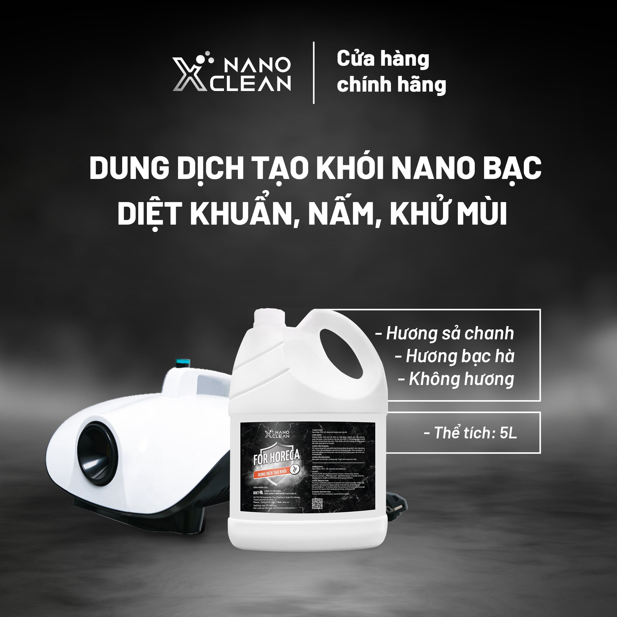 Dung dịch phun khói khử mùi ô tô xe hơi Nano Xclean For Horeca 5 Lít Dùng Cho Máy Phun Khói Khử Khuẩn-Diệt Khuẩn Khử Mùi Nhà Hàng, khách sạn, karaoke, ô tô, Bếp-Nano Bạc AHTC