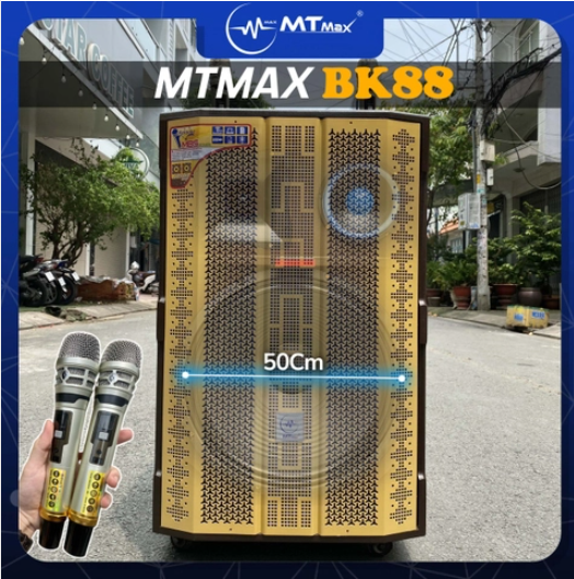 Loa kéo di động MTMax BK88 - Dàn karaoke ngoài trời bass 5 tấc 1 mid 1 treble - Loa khủng long công suất theo nhà sản xuất đến 1000W - Kèm 2 micro không dây UHF - Đầy đủ kết nối Bluetooth, AV, USB, SD card, TWS