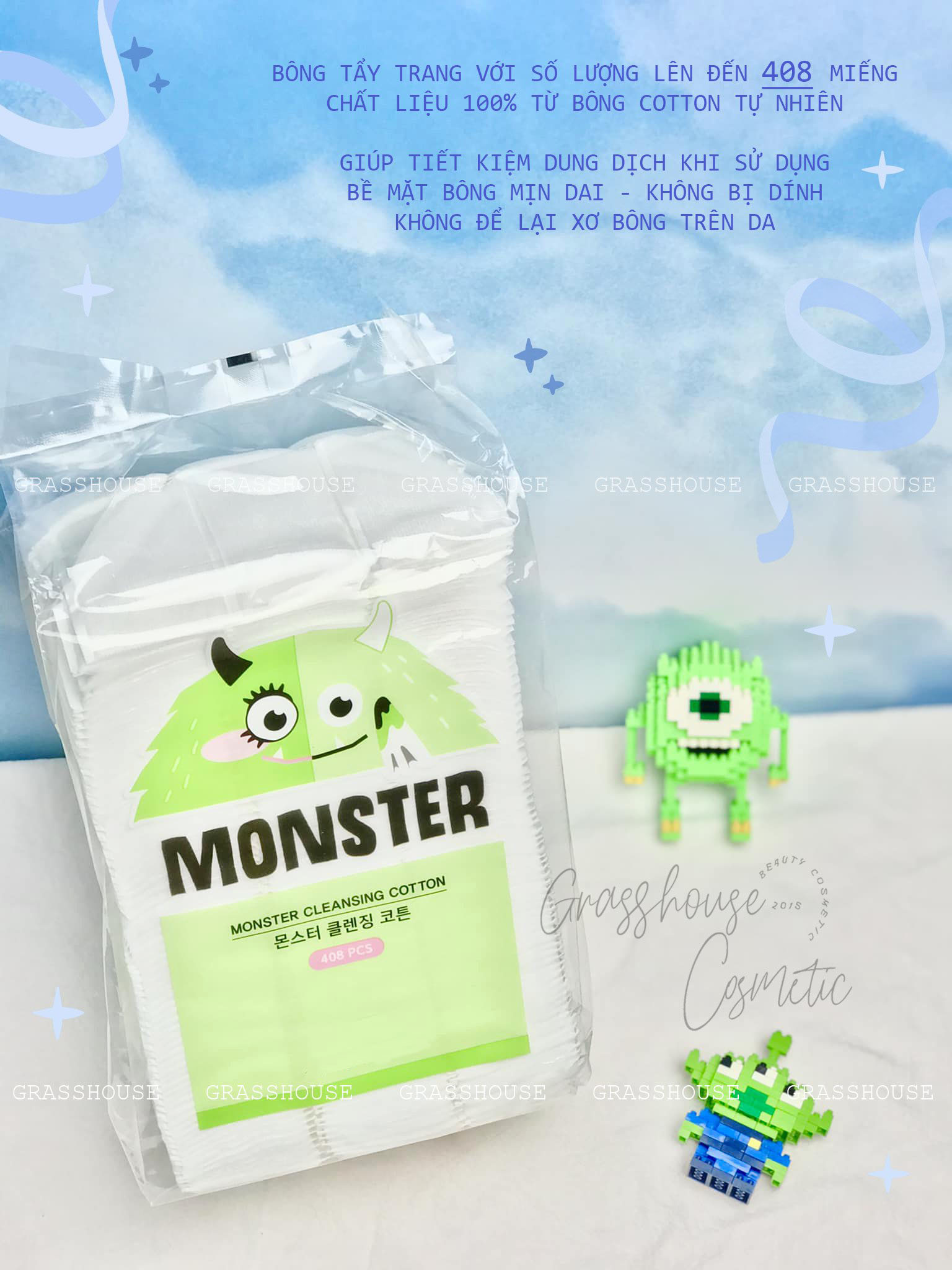 Bông gòn cotton đa năng lau mặt tẩy trang dùng 1 lần MONSTER 408 miếng/bịch