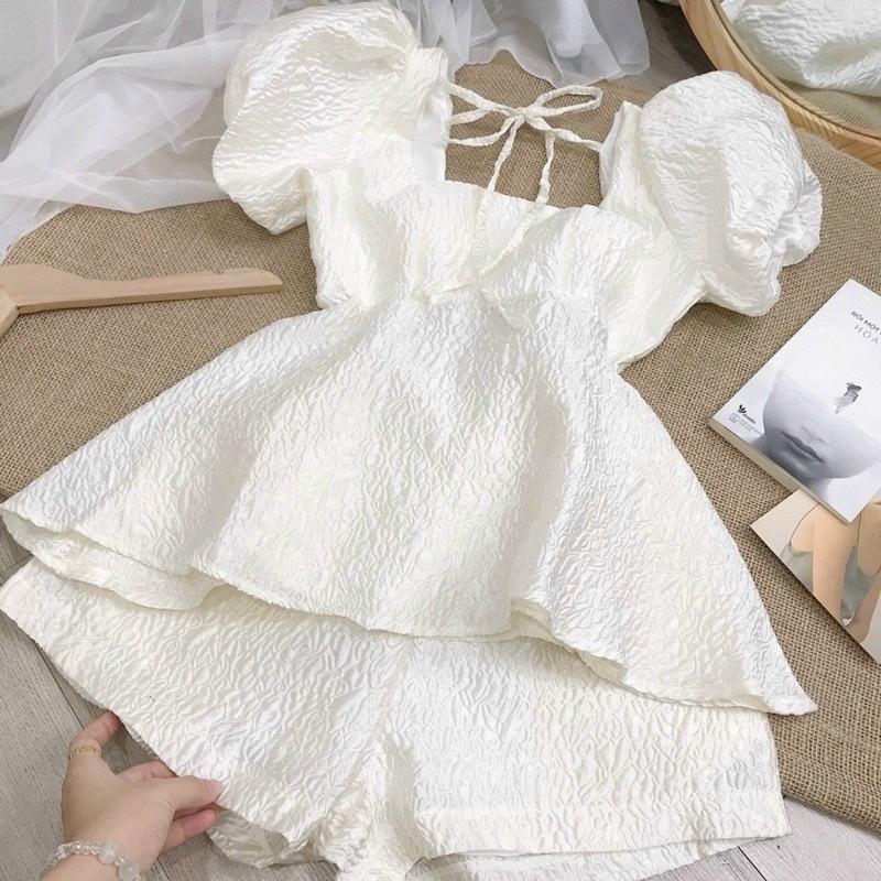 Sét Gấm Tay Bồng Nơ Sau Mix Quần Short Áo Cổ Vuông Bồng Siu Xinh Linh Dilys