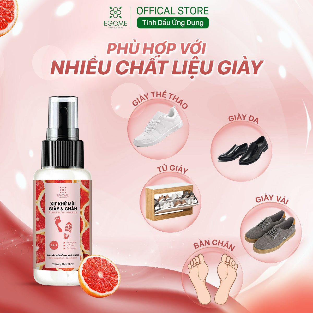 Xịt Khử Mùi Giày Và Chân Egome Tinh Dầu Bưởi Hồng làm sạch và thơm mát 20ml