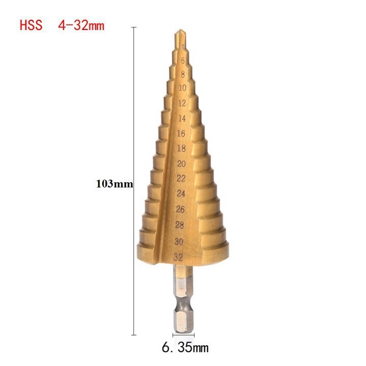 Mũi khoan tháp, bước HSS 4241 4-32mm khoan sắt nhôm tôn chuôi lục giác