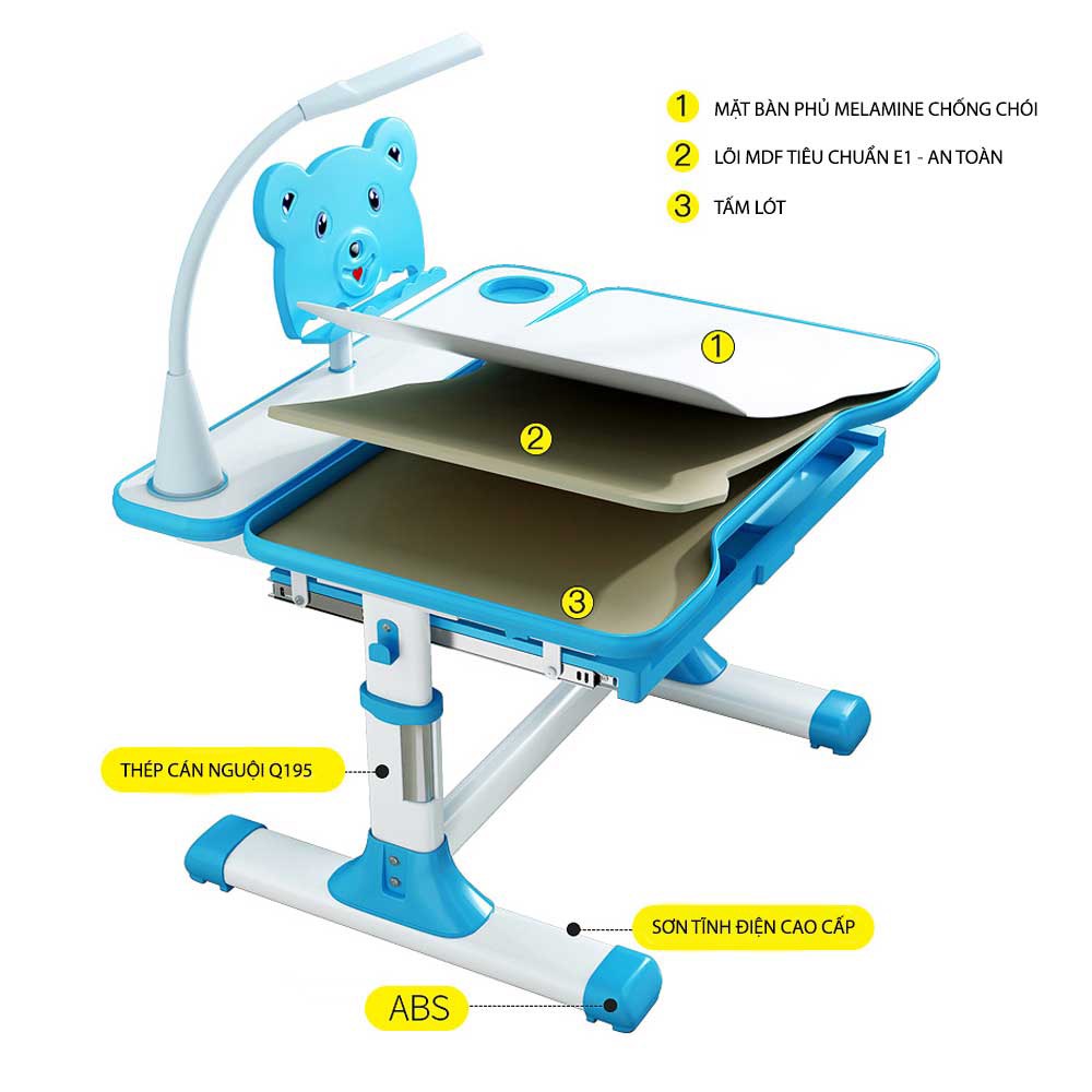 Bộ bàn học cho bé chống cận chống gù SA6 ngồi học thông minh chỉnh được độ cao có giá đỡ sách và ngăn kéo và đèn
