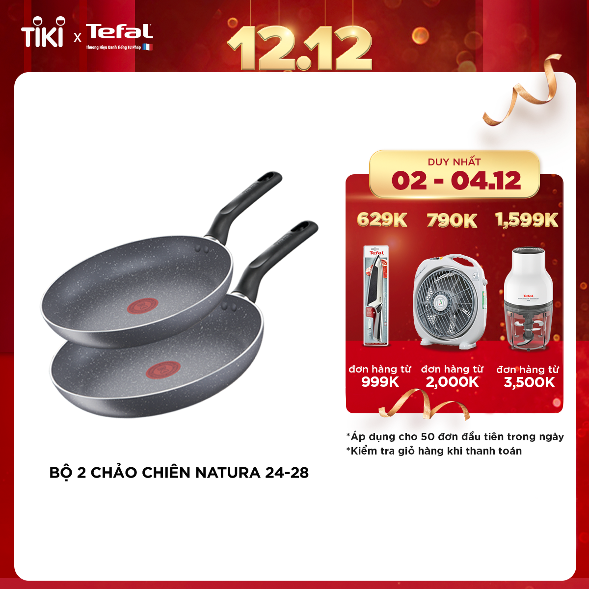 Bộ 2 chảo chiên Tefal Natura dùng cho bếp ga và hồng ngoại (24cm, 28cm) - Hàng chính hãng