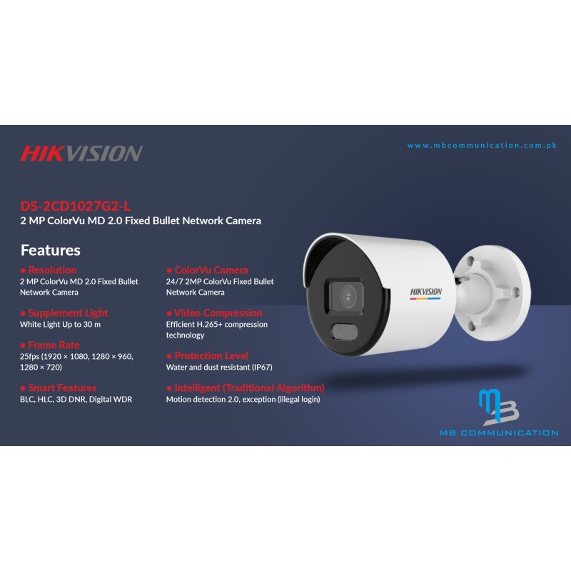 Camera ip thân 2.0MP ColorVu Hikvision DS-2CD1027G0-L có màu ban đêm, chống bụi và nước: IP67,hỗ trợ chức năng cấp nguồn qua Ethernet PoE. Hàng chính hãng