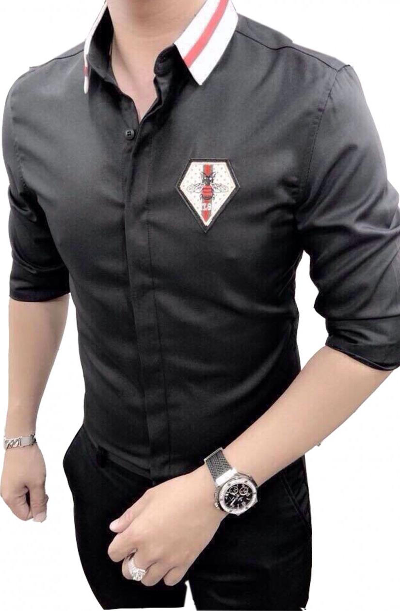 Áo Sơ Mi Nam Đen họa Tiết Con ong Nhỏ